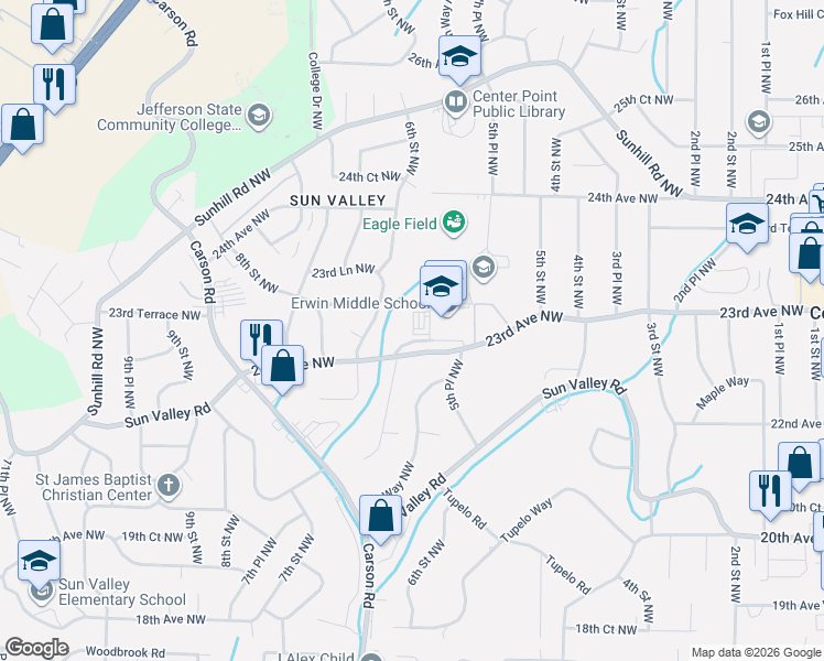map of restaurants, bars, coffee shops, grocery stores, and more near 540 23rd Avenue Northwest in Center Point