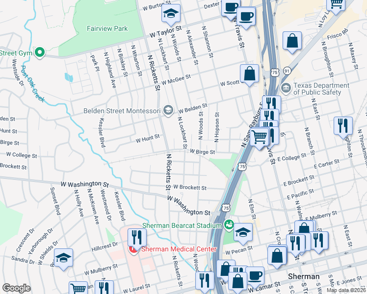 map of restaurants, bars, coffee shops, grocery stores, and more near 901 West Birge Street in Sherman
