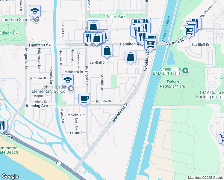 map of restaurants, bars, coffee shops, grocery stores, and more near 21861 Vacation Lane in Huntington Beach