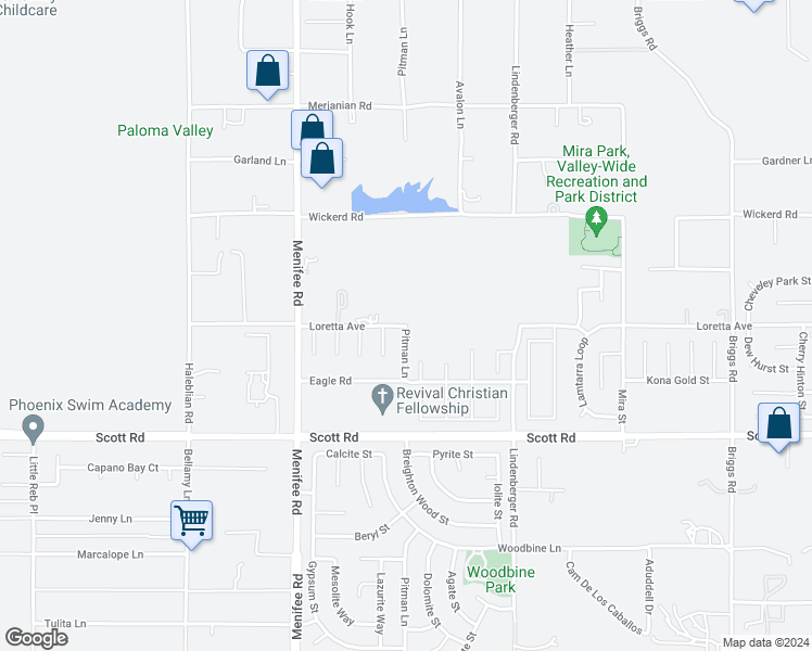 map of restaurants, bars, coffee shops, grocery stores, and more near Loretta Avenue in Menifee
