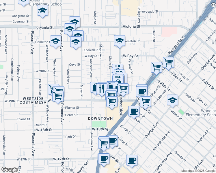 map of restaurants, bars, coffee shops, grocery stores, and more near Bernard Street in Costa Mesa