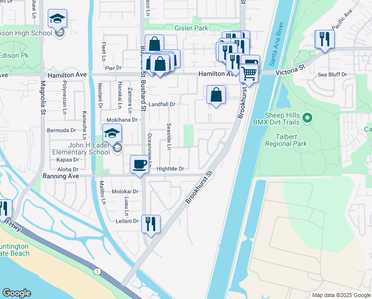 map of restaurants, bars, coffee shops, grocery stores, and more near 21861 Vacation Lane in Huntington Beach
