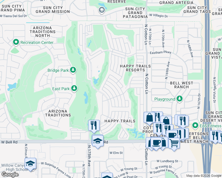 map of restaurants, bars, coffee shops, grocery stores, and more near 17550-17748 North Appaloosa in Surprise