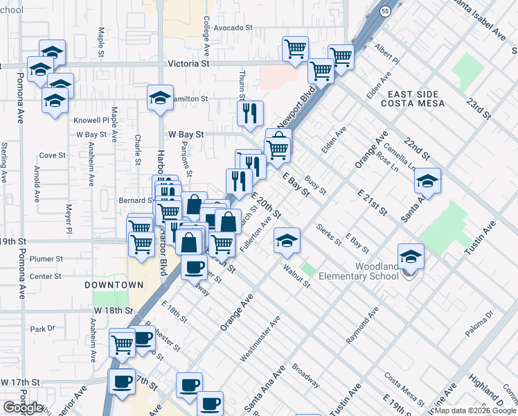 map of restaurants, bars, coffee shops, grocery stores, and more near 1992 Church Street in Costa Mesa