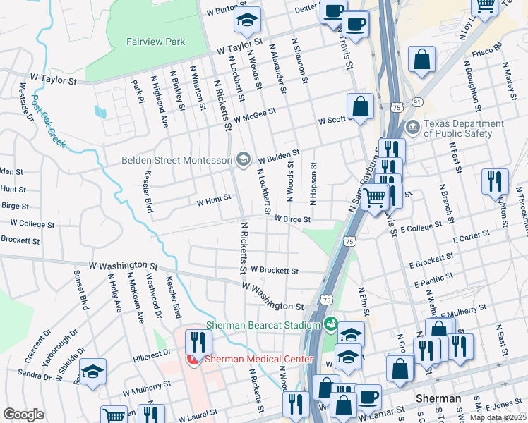 map of restaurants, bars, coffee shops, grocery stores, and more near 901 West Birge Street in Sherman