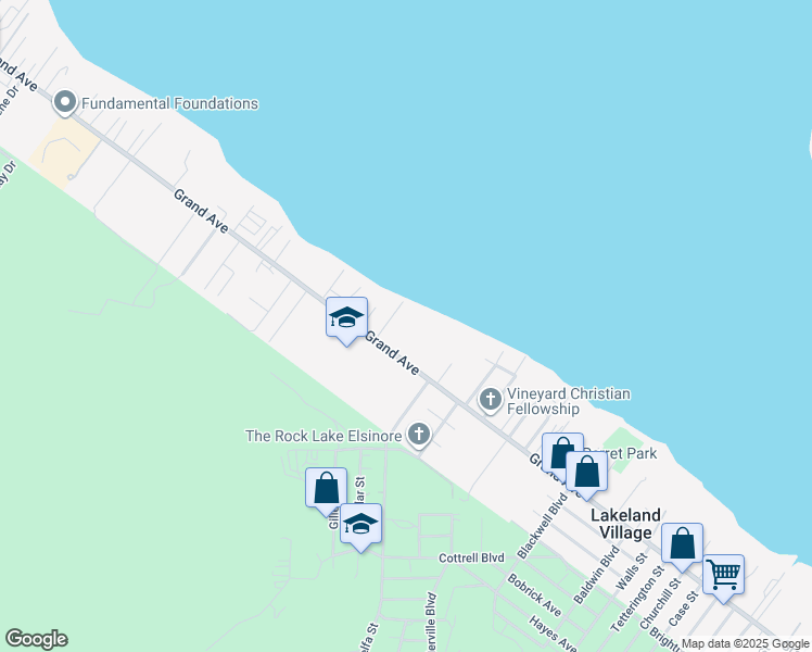 map of restaurants, bars, coffee shops, grocery stores, and more near 17230 Grand Avenue in Lake Elsinore