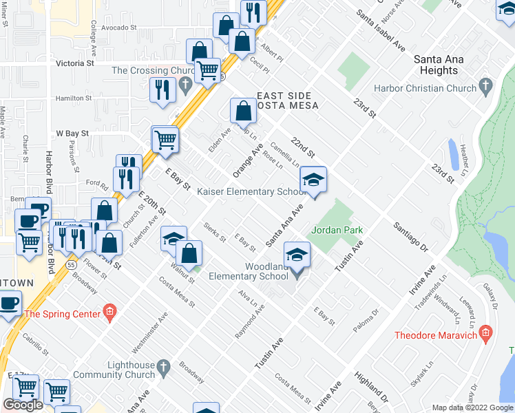 map of restaurants, bars, coffee shops, grocery stores, and more near 2096 Westminster Avenue in Costa Mesa