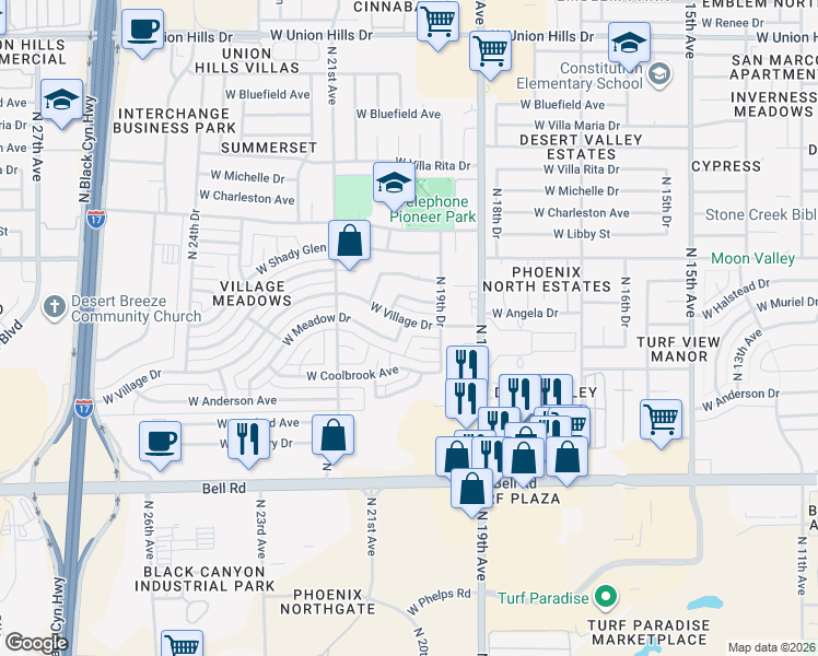 map of restaurants, bars, coffee shops, grocery stores, and more near 1963 West Village Drive in Phoenix