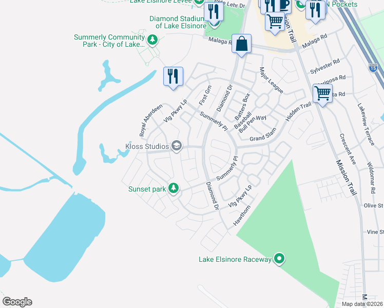 map of restaurants, bars, coffee shops, grocery stores, and more near 29271 Date Palm in Lake Elsinore