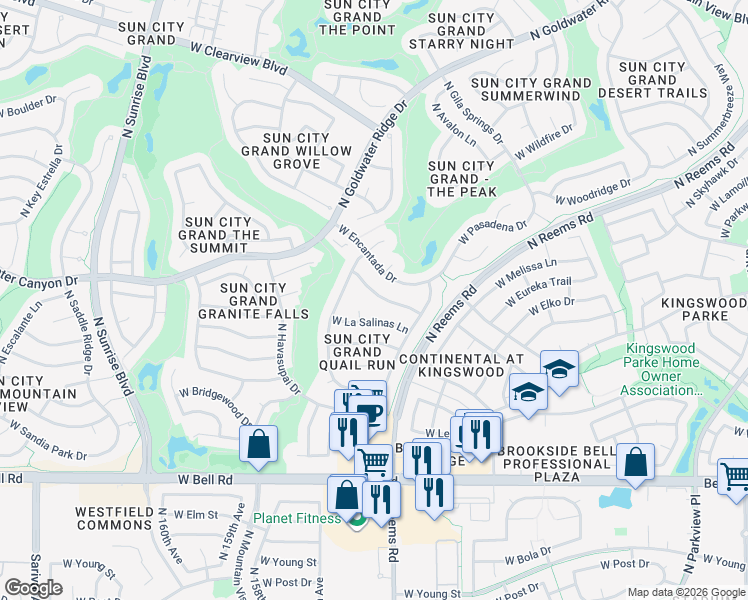 map of restaurants, bars, coffee shops, grocery stores, and more near 15525 West Camino Real Way in Surprise