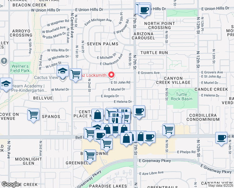 map of restaurants, bars, coffee shops, grocery stores, and more near 514 East Angela Drive in Phoenix