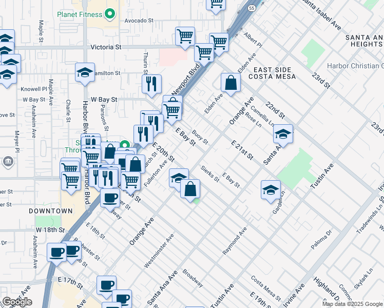 map of restaurants, bars, coffee shops, grocery stores, and more near 2031 Orange Avenue in Costa Mesa