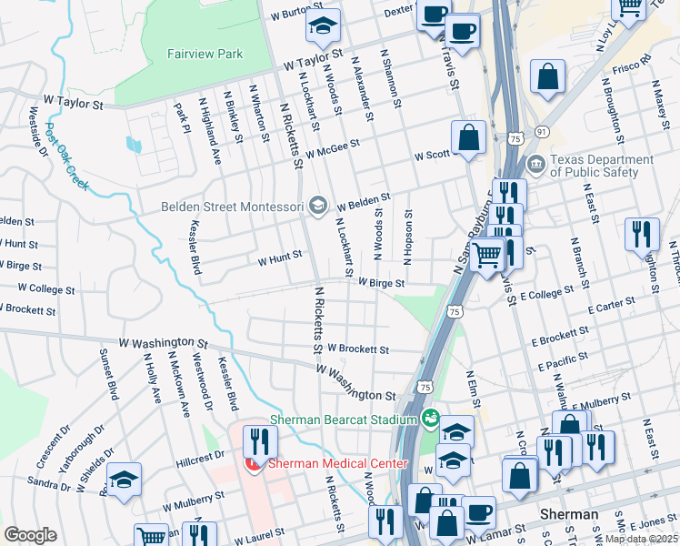 map of restaurants, bars, coffee shops, grocery stores, and more near 901 West Birge Street in Sherman