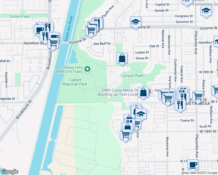 map of restaurants, bars, coffee shops, grocery stores, and more near 41 Seabird Court in Newport Beach