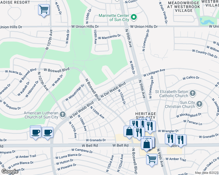 map of restaurants, bars, coffee shops, grocery stores, and more near 17676 North Del Webb Boulevard in Sun City