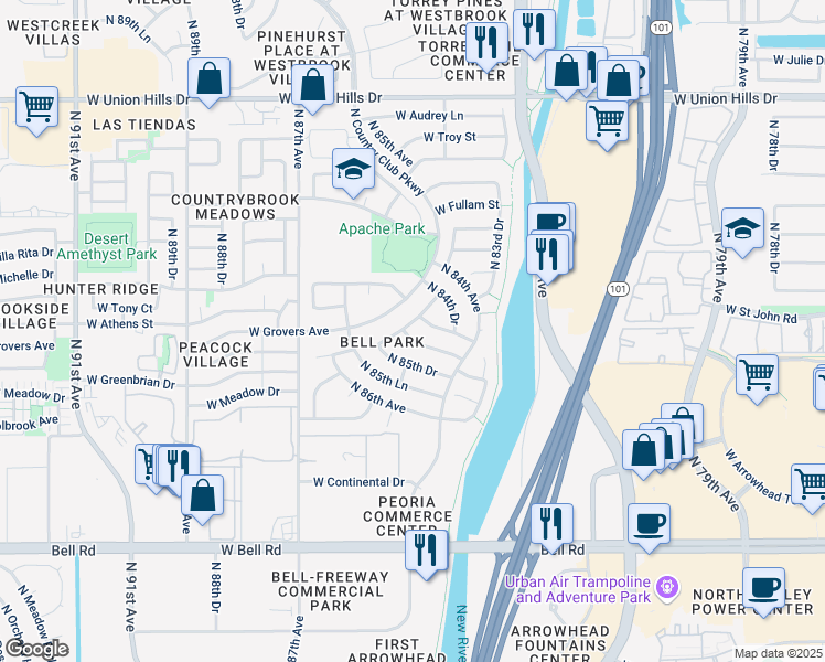 map of restaurants, bars, coffee shops, grocery stores, and more near 17521 North 85th Avenue in Peoria