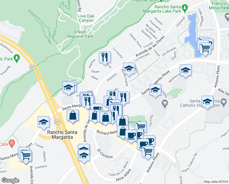 map of restaurants, bars, coffee shops, grocery stores, and more near 24 Eneldo in Rancho Santa Margarita