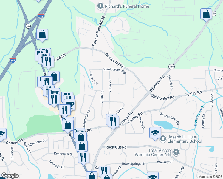 map of restaurants, bars, coffee shops, grocery stores, and more near 4006 Scott Drive in Forest Park