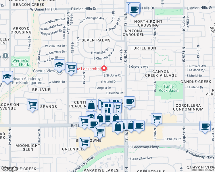 map of restaurants, bars, coffee shops, grocery stores, and more near 514 East Angela Drive in Phoenix