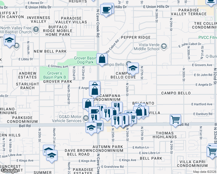 map of restaurants, bars, coffee shops, grocery stores, and more near in Phoenix