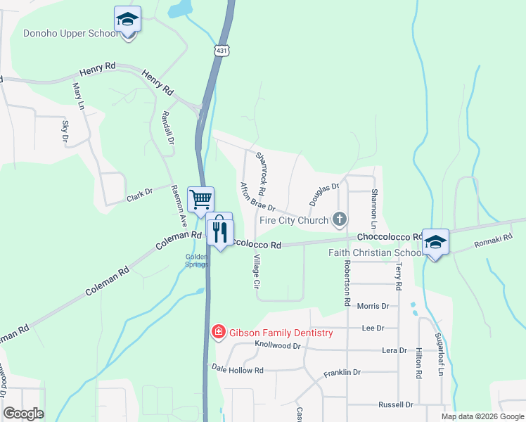 map of restaurants, bars, coffee shops, grocery stores, and more near 3612 Afton Brae Drive in Anniston