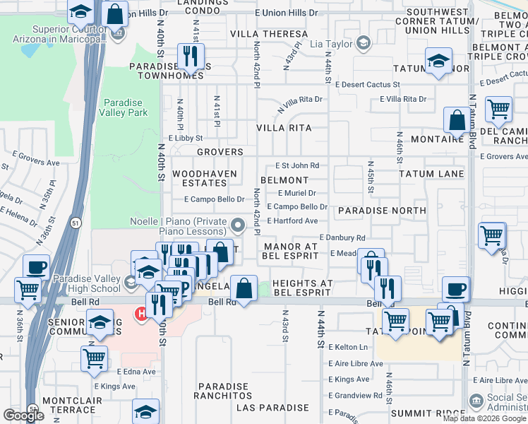 map of restaurants, bars, coffee shops, grocery stores, and more near 4224 East Hartford Avenue in Phoenix