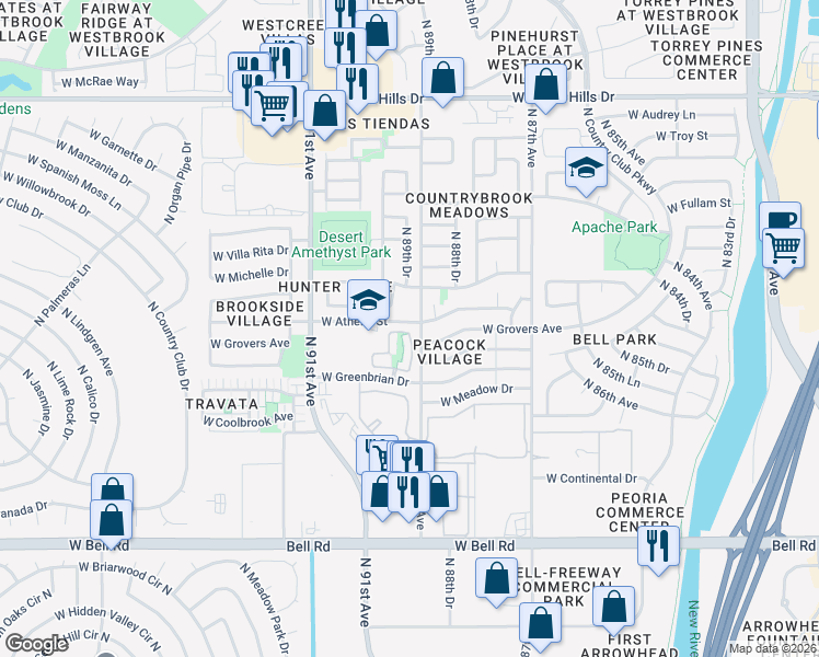 map of restaurants, bars, coffee shops, grocery stores, and more near 17797 North 89th Drive in Peoria