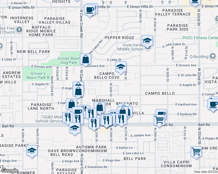 map of restaurants, bars, coffee shops, grocery stores, and more near 17428 North 26th Street in Phoenix