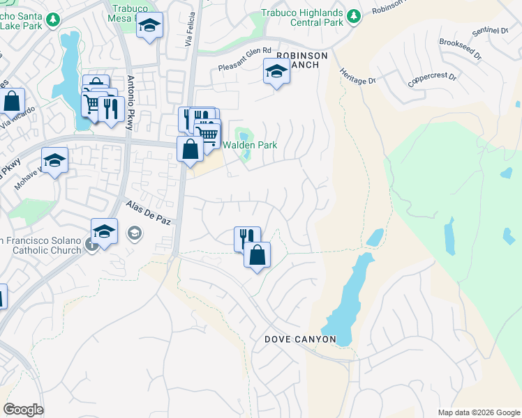 map of restaurants, bars, coffee shops, grocery stores, and more near 21836 Las Nubes Drive in Trabuco Canyon