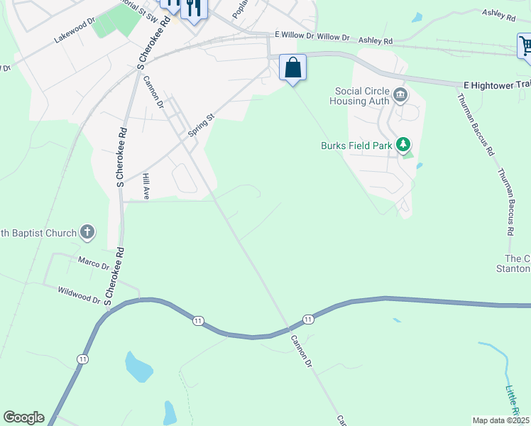 map of restaurants, bars, coffee shops, grocery stores, and more near 173 Elder Drive Southeast in Social Circle