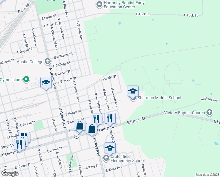 map of restaurants, bars, coffee shops, grocery stores, and more near 410 North Colbert Avenue in Sherman