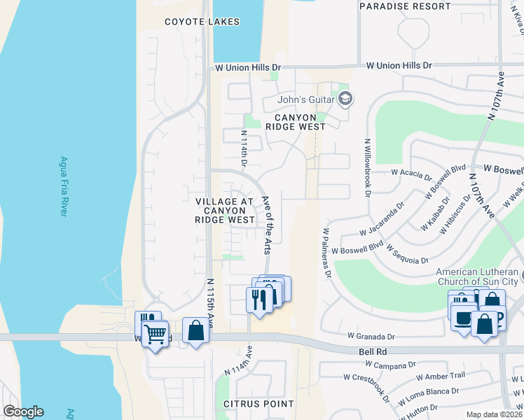 map of restaurants, bars, coffee shops, grocery stores, and more near 17783 North 114th Drive in Surprise