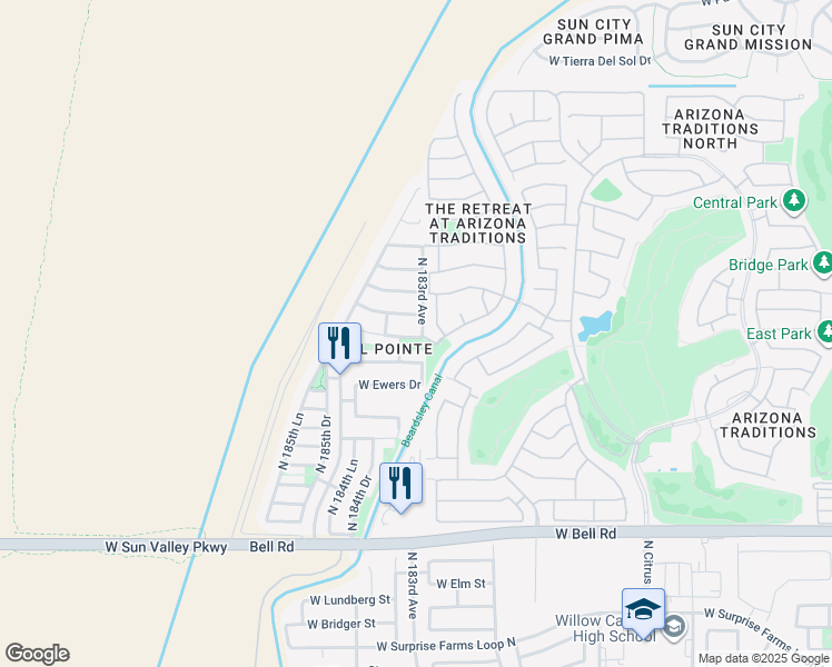 map of restaurants, bars, coffee shops, grocery stores, and more near 18330 West Westfall Way in Surprise