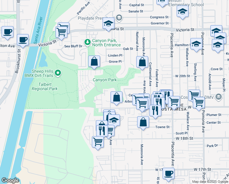map of restaurants, bars, coffee shops, grocery stores, and more near 1940 Whittier Avenue in Costa Mesa