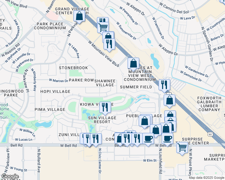 map of restaurants, bars, coffee shops, grocery stores, and more near 14235 West Shawnee Trail in Surprise