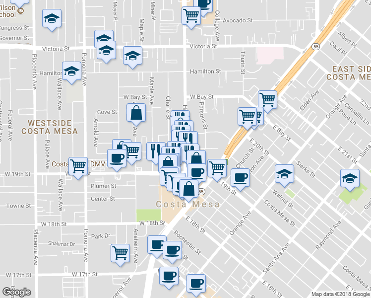 map of restaurants, bars, coffee shops, grocery stores, and more near Bernard Street in Costa Mesa