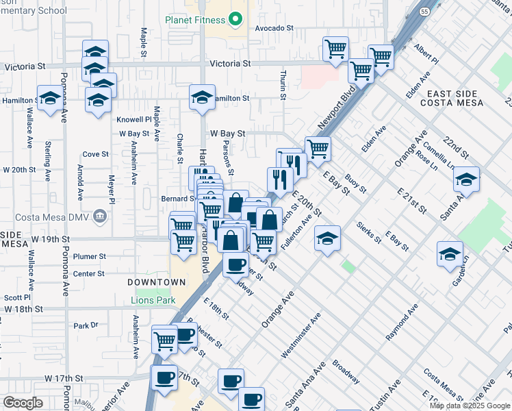 map of restaurants, bars, coffee shops, grocery stores, and more near Newport Boulevard in Orange County