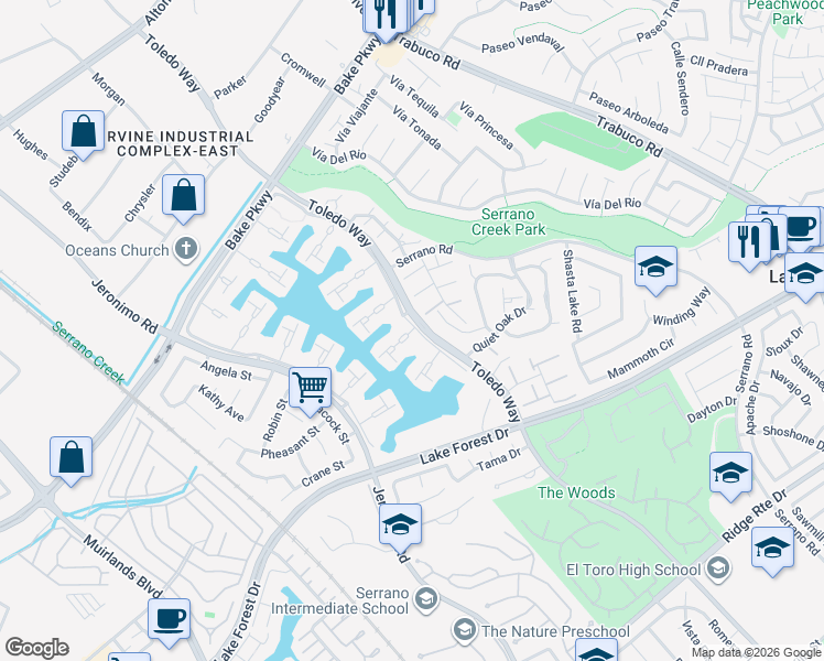 map of restaurants, bars, coffee shops, grocery stores, and more near 21886 Winnebago Lane in Lake Forest