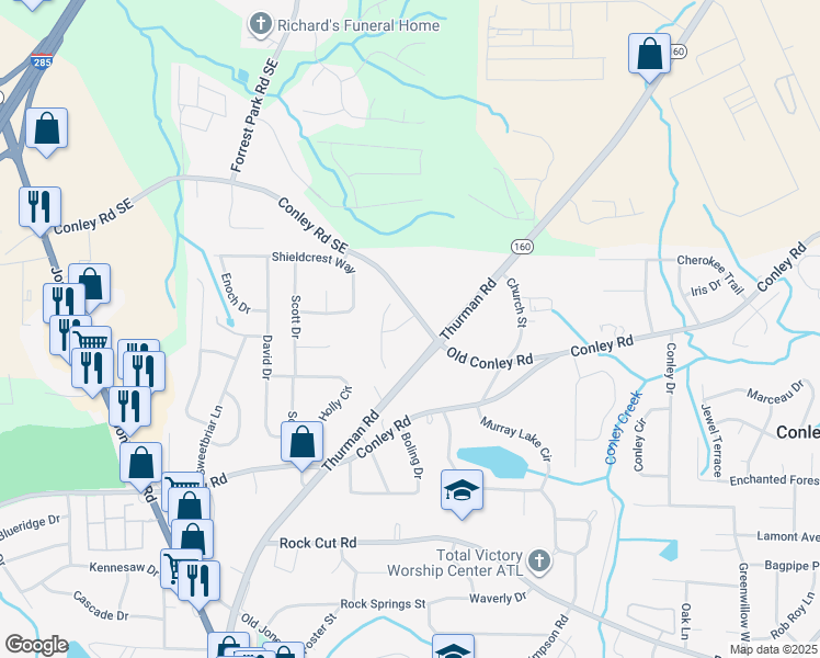 map of restaurants, bars, coffee shops, grocery stores, and more near 1513 Conley Way in Conley