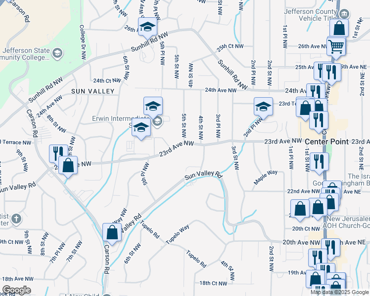 map of restaurants, bars, coffee shops, grocery stores, and more near 421 23rd Avenue Northwest in Center Point