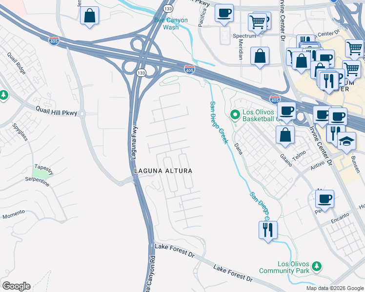 map of restaurants, bars, coffee shops, grocery stores, and more near 86 Cipresso in Irvine