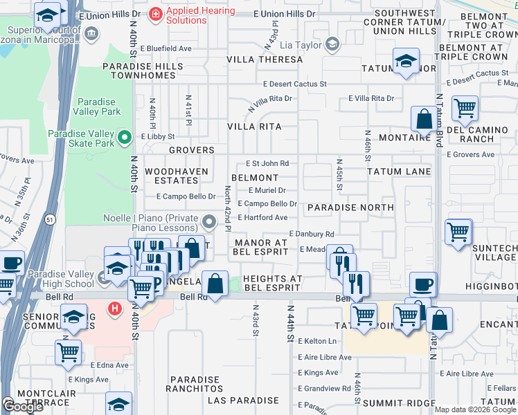 map of restaurants, bars, coffee shops, grocery stores, and more near 4334 East Hartford Avenue in Phoenix
