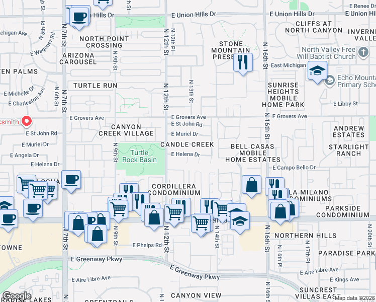 map of restaurants, bars, coffee shops, grocery stores, and more near 1318 East Helena Drive in Phoenix