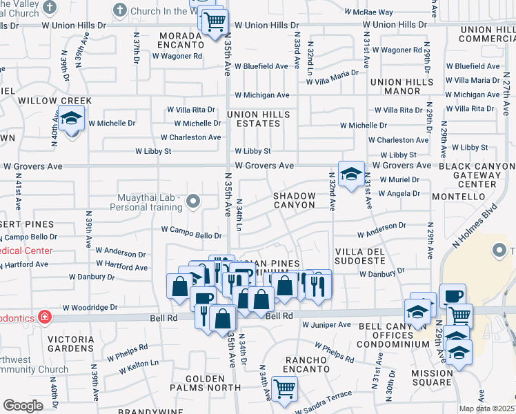 map of restaurants, bars, coffee shops, grocery stores, and more near 3426 West Angela Drive in Phoenix