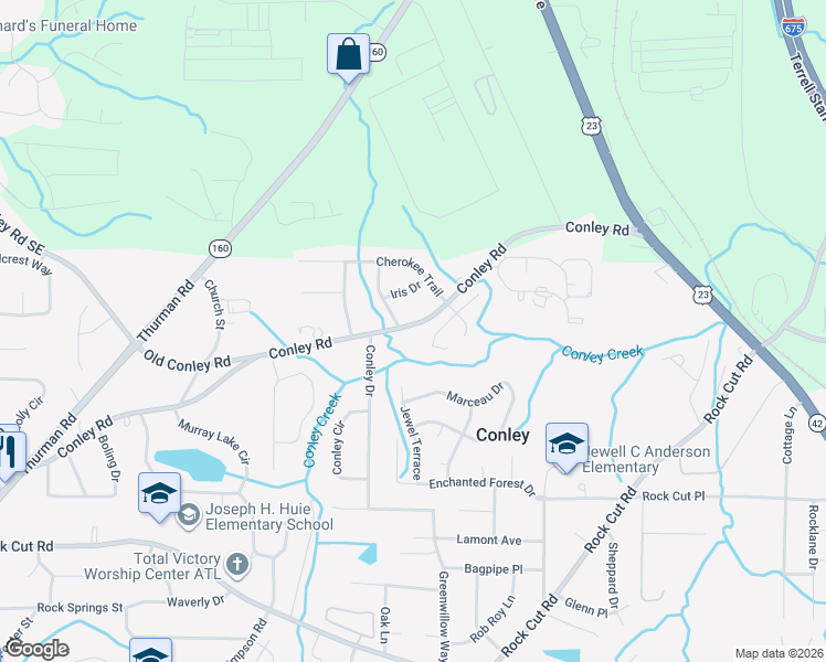 map of restaurants, bars, coffee shops, grocery stores, and more near 1511 Conley Road in Conley