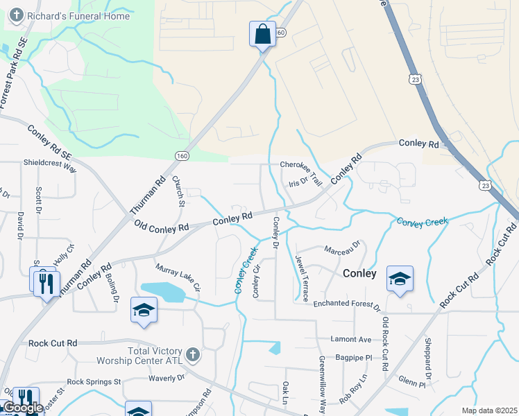 map of restaurants, bars, coffee shops, grocery stores, and more near 1446 Conley Road in Conley