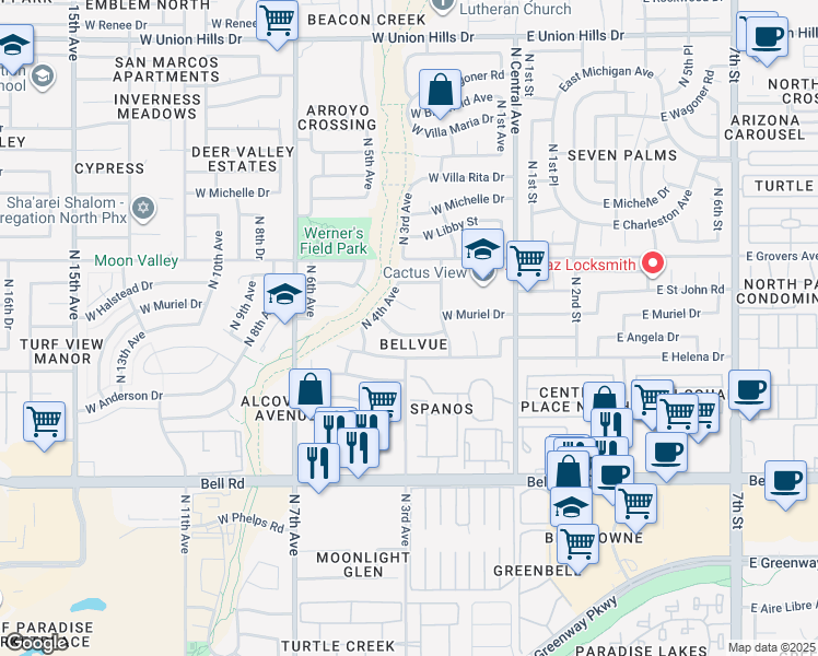 map of restaurants, bars, coffee shops, grocery stores, and more near 240 W Angela Dr in Phoenix