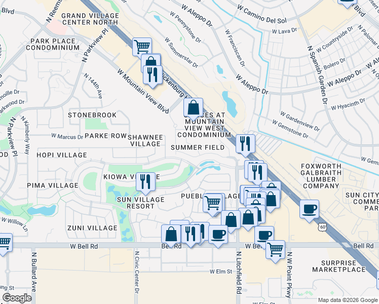 map of restaurants, bars, coffee shops, grocery stores, and more near 14074 West Two Guns Trail in Surprise