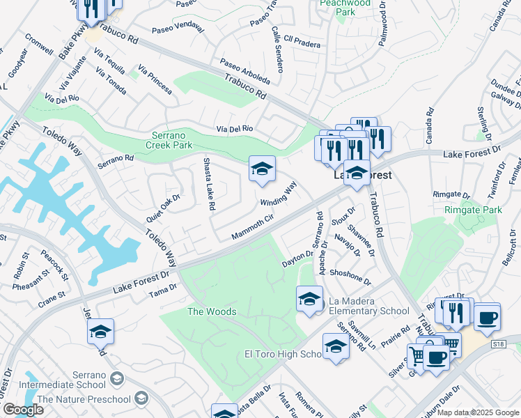 map of restaurants, bars, coffee shops, grocery stores, and more near 25086 Shaver Lake Circle in Lake Forest
