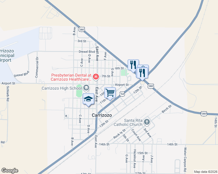 map of restaurants, bars, coffee shops, grocery stores, and more near 301-399 10th Street in Carrizozo